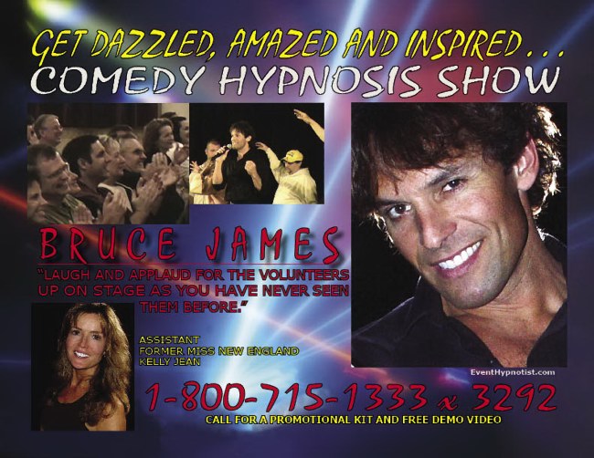 Mind Master Stage Hypnotist - Bruce James - top comedy Hypnotist entertainer, can entertain at conferences, seminars, clubs, universities from coast to coast with his Hilarious Stage Hypnosis Show.
