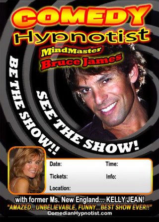 Bruce James Comedy Hypnotist with assistant former miss new england Kelly Jean performing at fundraising events, comedy clubs, corporate entertainment in the northeast or anywhere in the country 860-625-5347 booking...